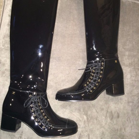 CHANEL 15A Patent Calf Leather Knee High Tall Lace Up Boots Shoes - Picture 13 of 16